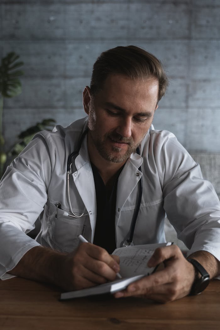 Crafting Captivating Headlines: Your awesome post title goes here A focused male doctor writes notes in a modern indoor office setting.